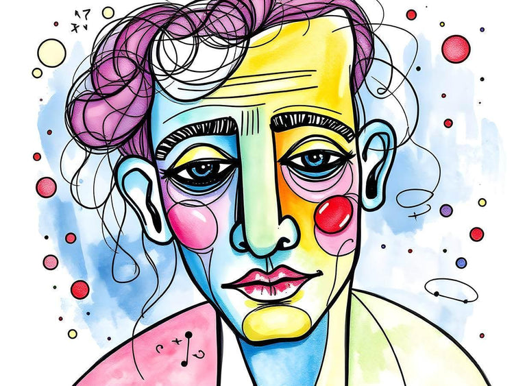 Abstract face portrait artwork showing full face and shoulders with colorful makeup and dots