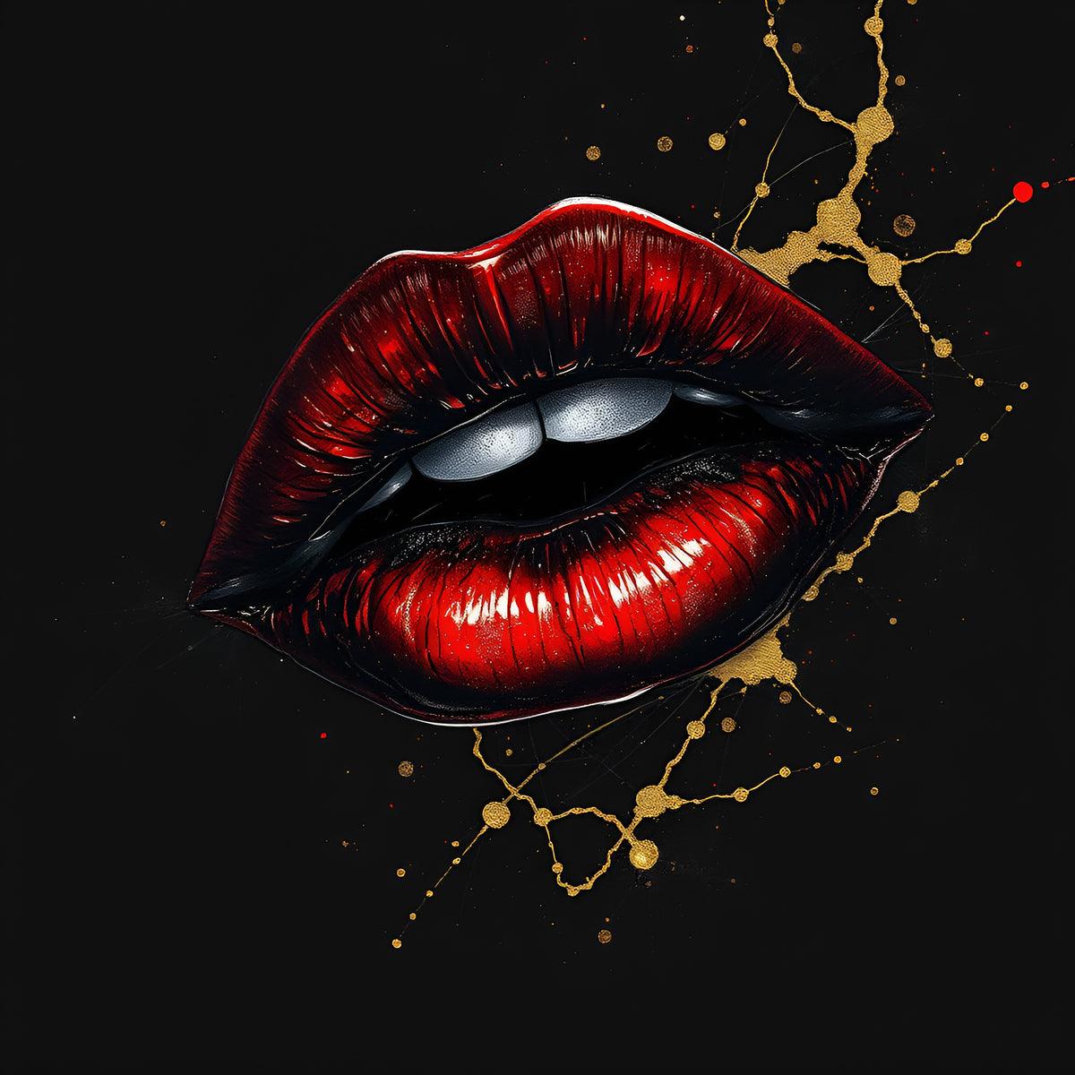 Red and black lips art with gold beaded accents