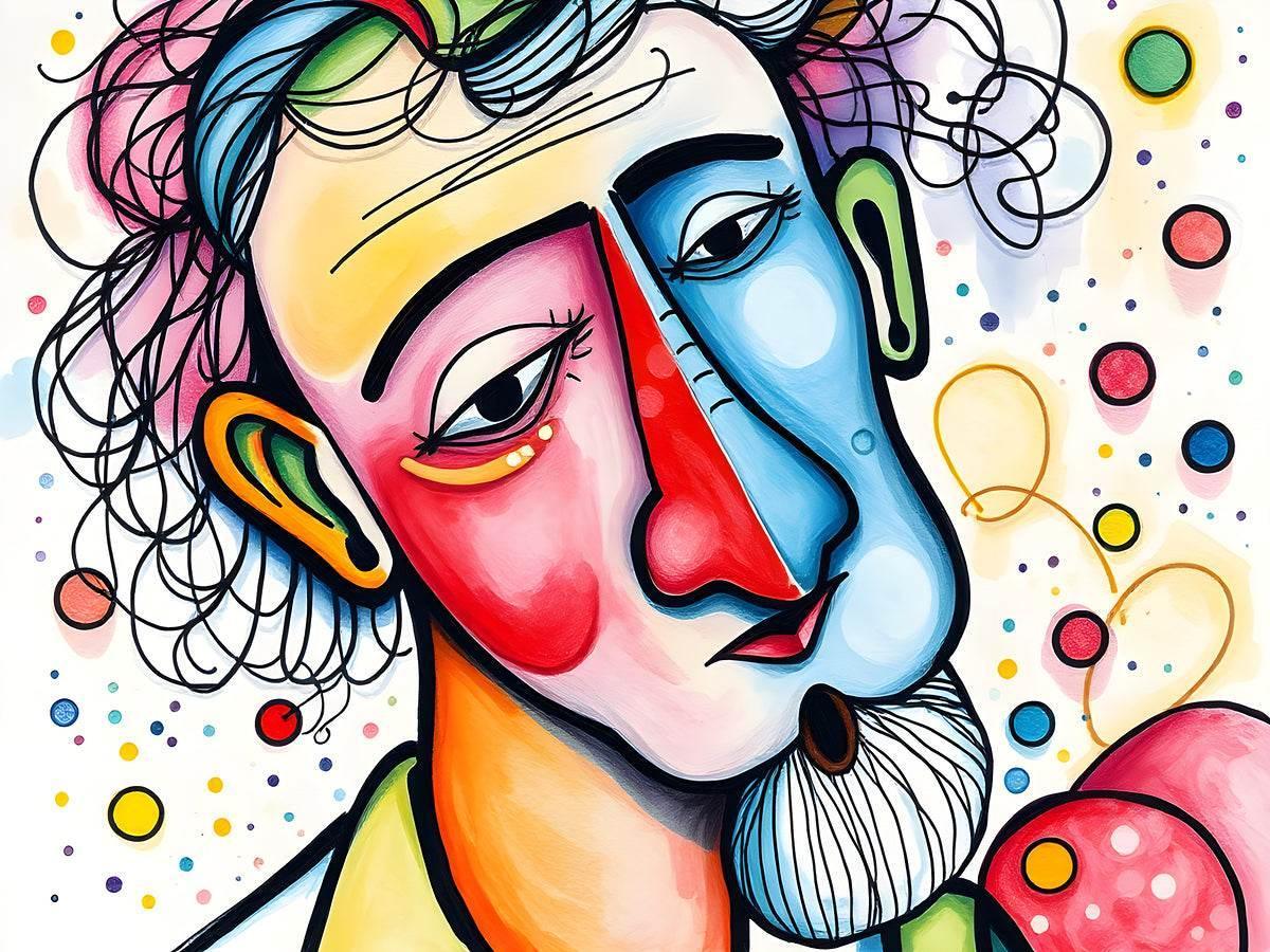 Close-up abstract portrait with two colorful faces, swirling hair curls, and multicolor bubbles