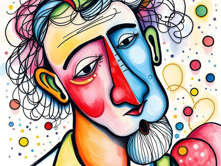 Close-up abstract portrait with two colorful faces, swirling hair curls, and multicolor bubbles