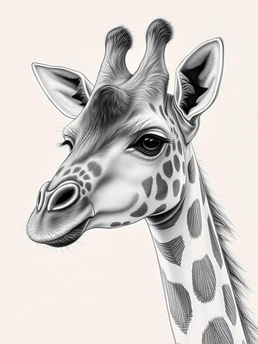 Monochrome giraffe portrait artwork, centered close-up face and neck