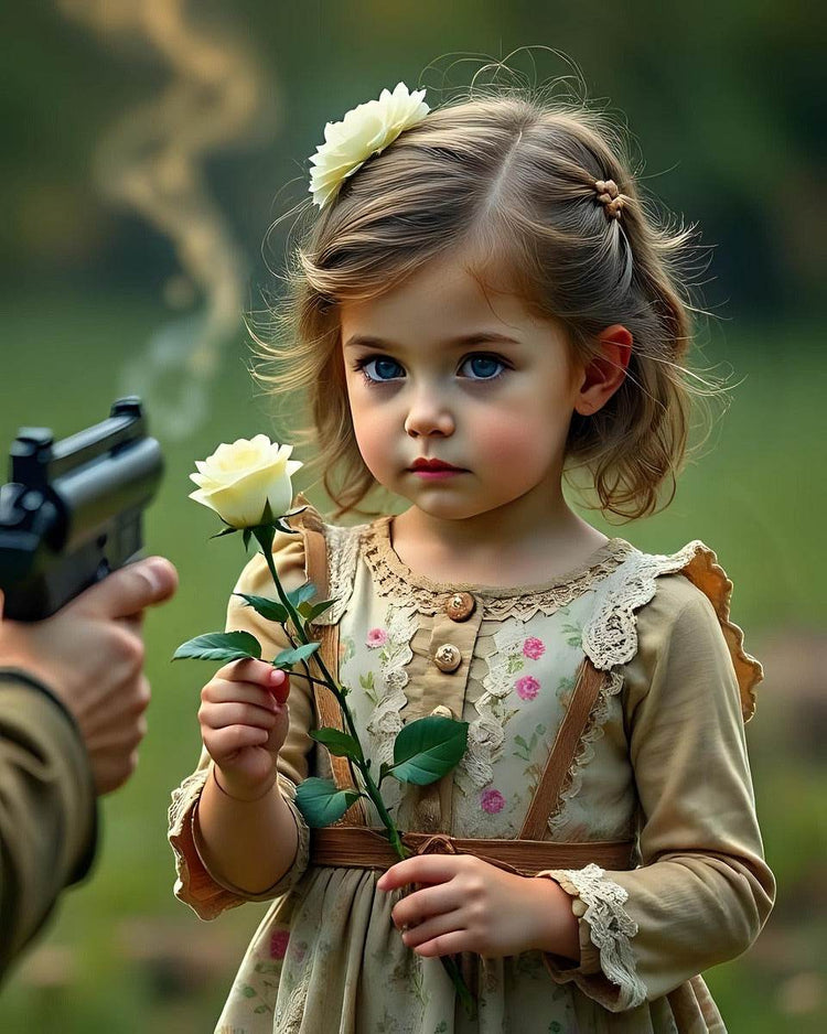 Close-up wall art of a young girl holding a white flower bouquet