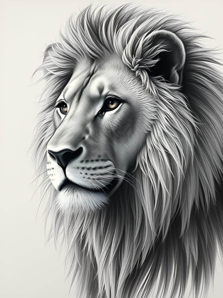 Lion portrait print, black-and-white close-up lion face and mane detail