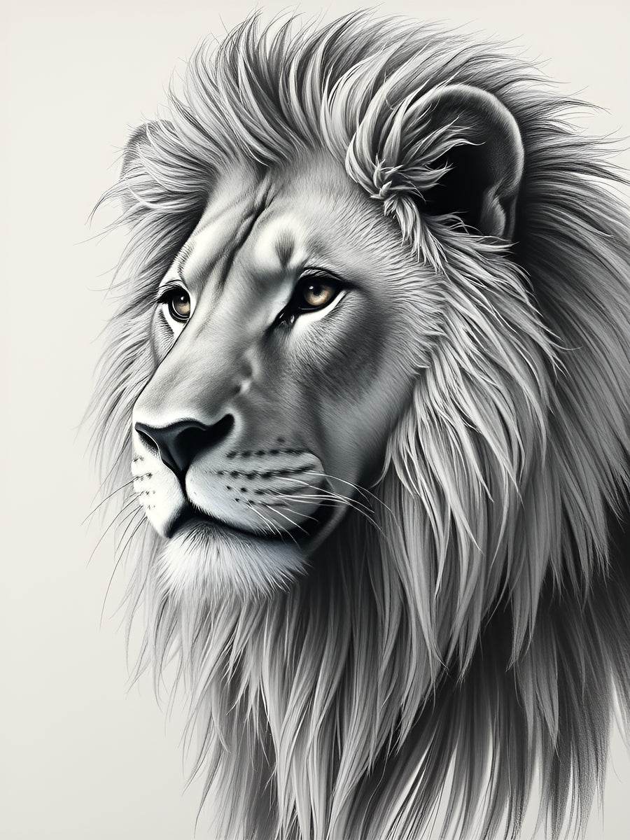Lion portrait print, black-and-white lion head with sculpted mane texture