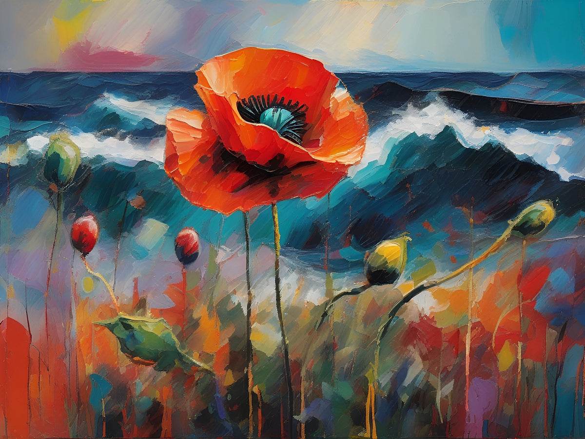 Orange poppy flower wall art with blue waves, red-green stems, and bright highlights