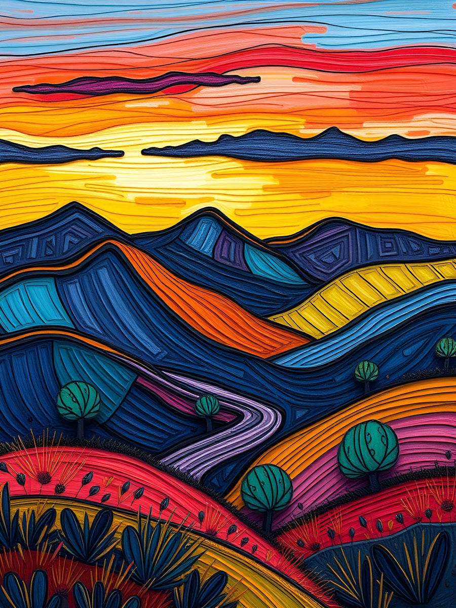 Close-up abstract landscape wall art with red and purple hills, green ovals, and fanlike plants.