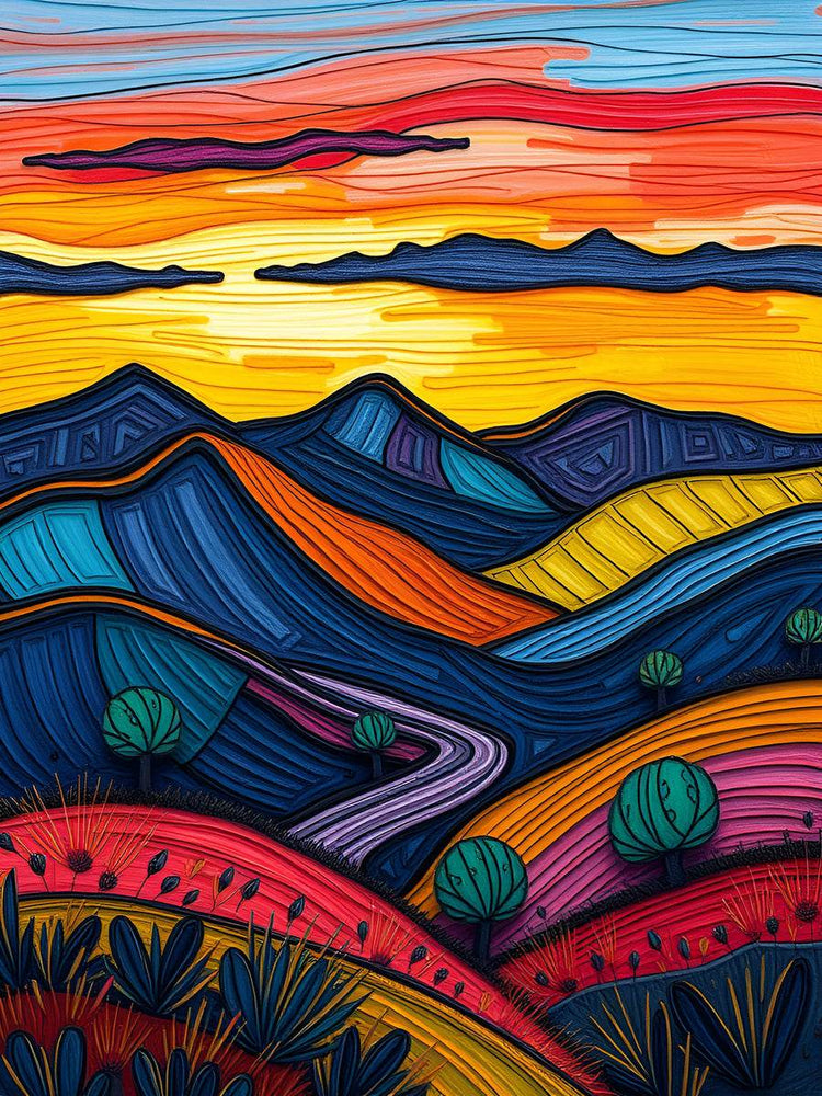 Close-up abstract landscape wall art with red and purple hills, green ovals, and fanlike plants.