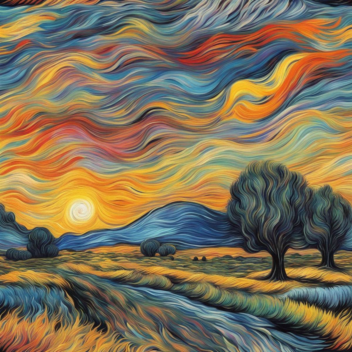 Landscape print close-up with spiraled sun, wavy hills, and tree silhouettes