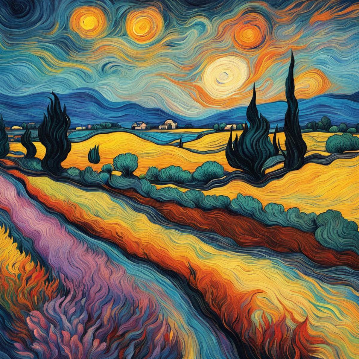 Vibrant landscape art print close-up with swirling sky, golden hills, and dark tree silhouettes