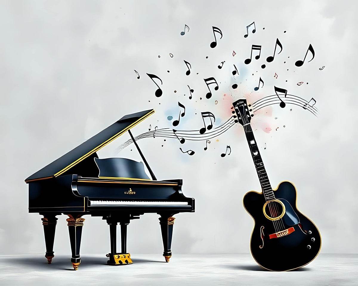 Musical notes floating above a stylized piano and black guitar