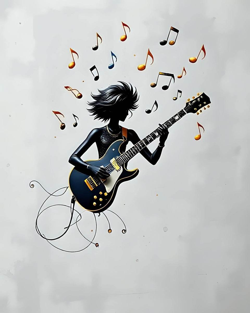 Rock guitarist wall art with electric guitar and floating music notes
