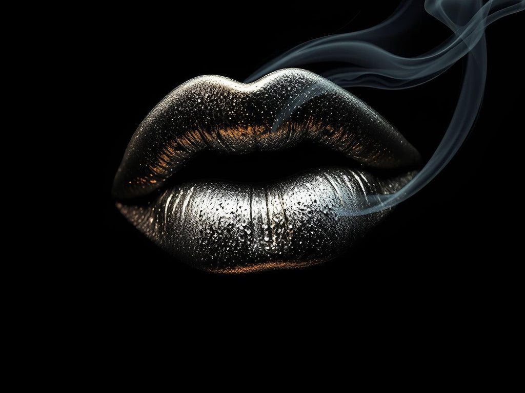 Close-up of metallic silver lips with light blue smoke lines on dark background