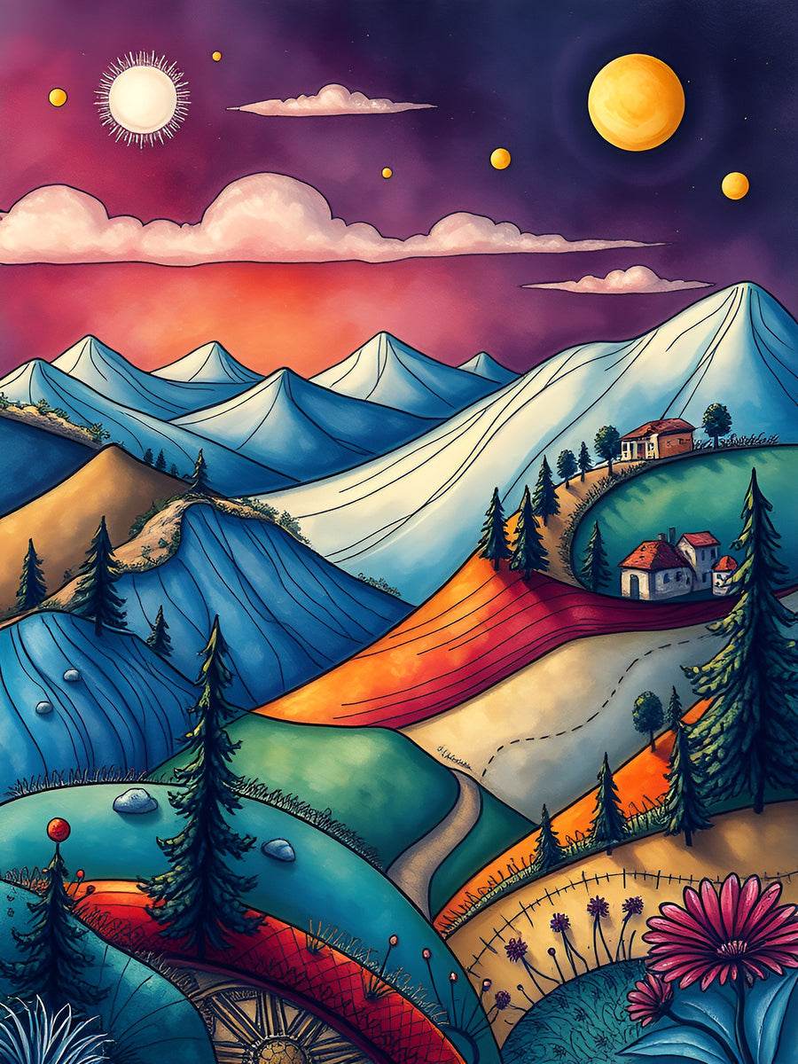 Colorful abstract landscape wall art with winding hills, pine trees, houses, sun and planets