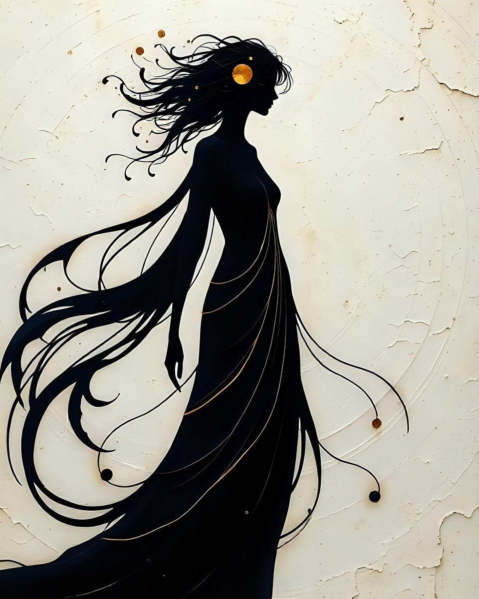 Stylized silhouette portrait: black woman in profile with flowing hair and gold halo