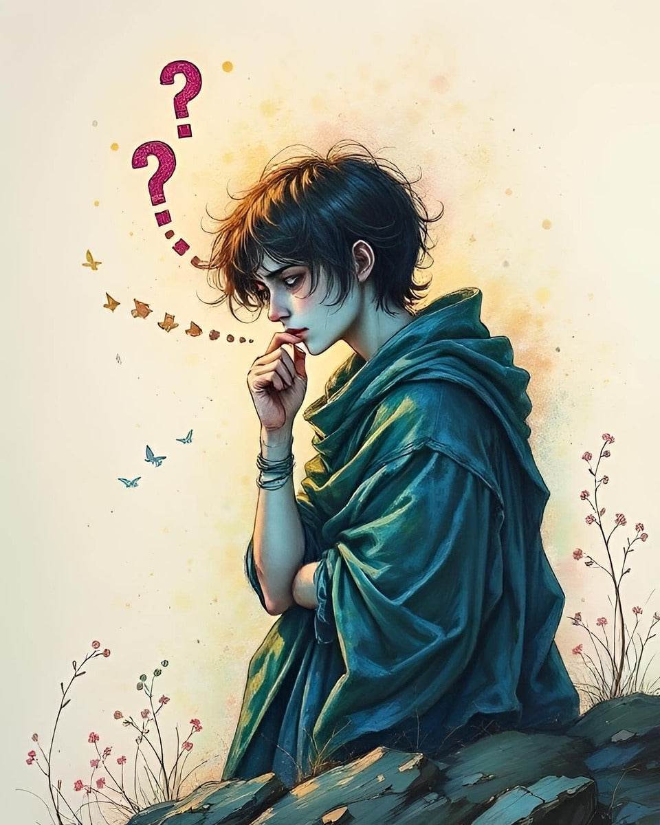 Art print: woman in teal cloak, finger to lips, pink question marks, blue-green highlights