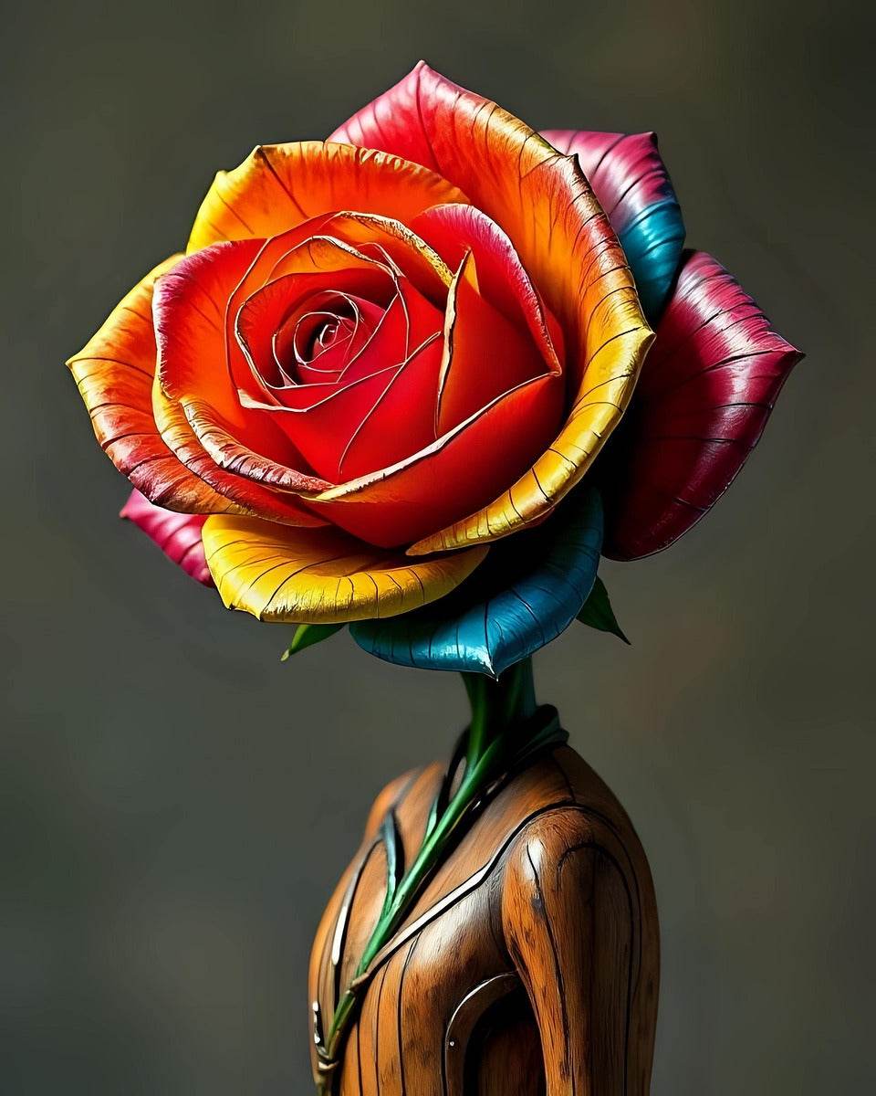 Close-up rose artwork print with red center petals and rainbow-edged bloom on dark background