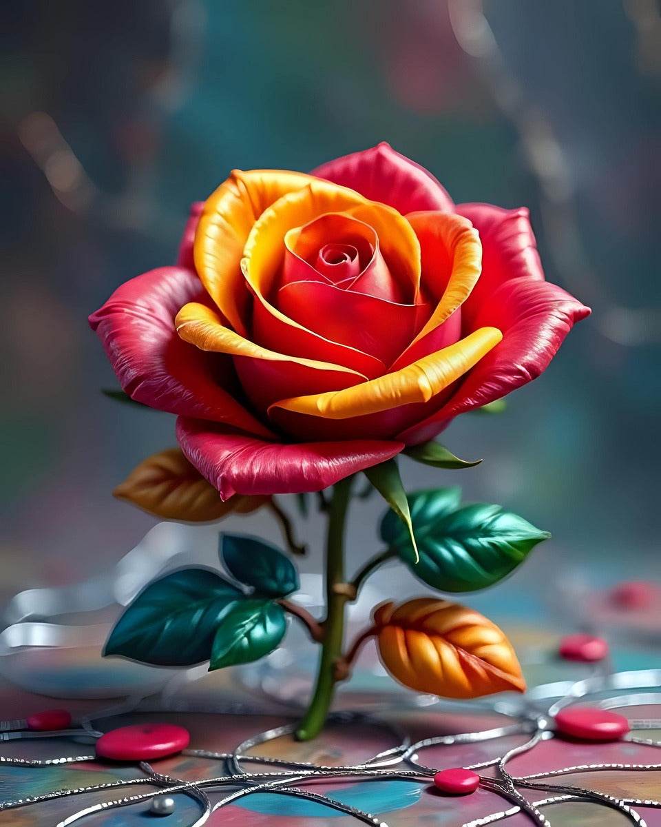 Glossy rose close-up with red-yellow petals, green leaves, and silver chain details