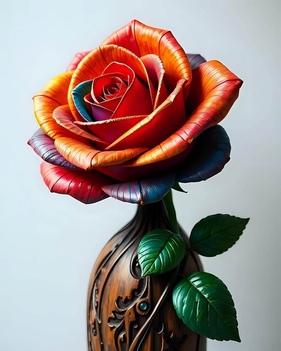 Rose wall art print with layered red-orange petals, blue shadows, and green leaves