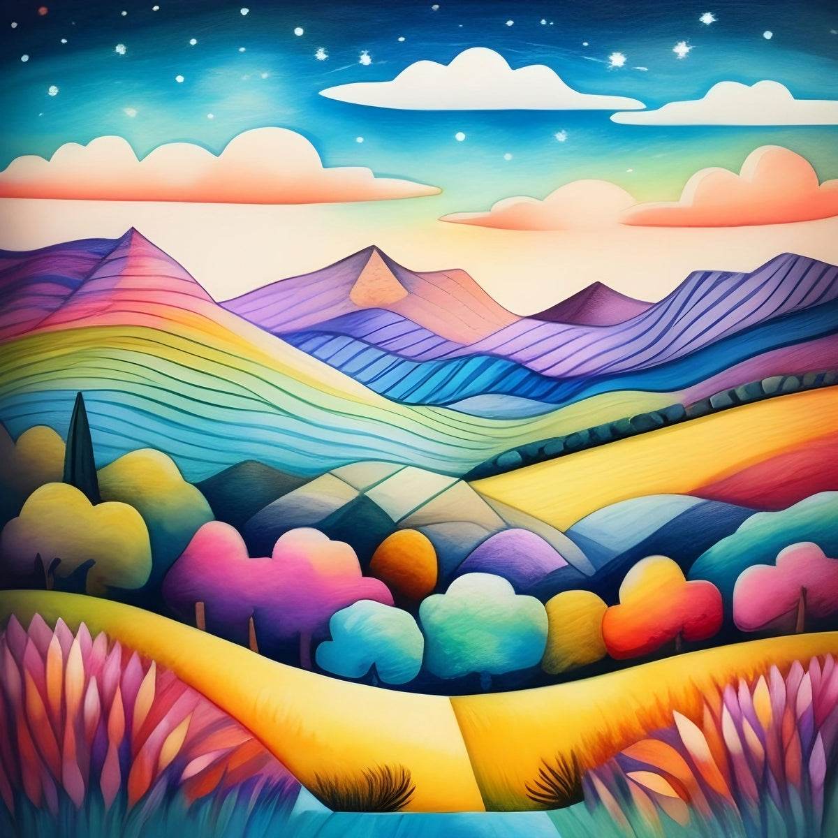 Surreal rainbow landscape wall art with curved yellow arch, colorful hills, and clouds