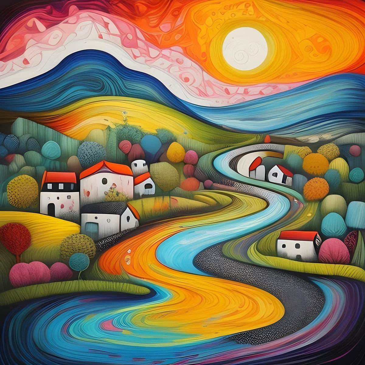 Surreal village dreamscape art print featuring sunlike sky, rainbow hills, winding road and houses