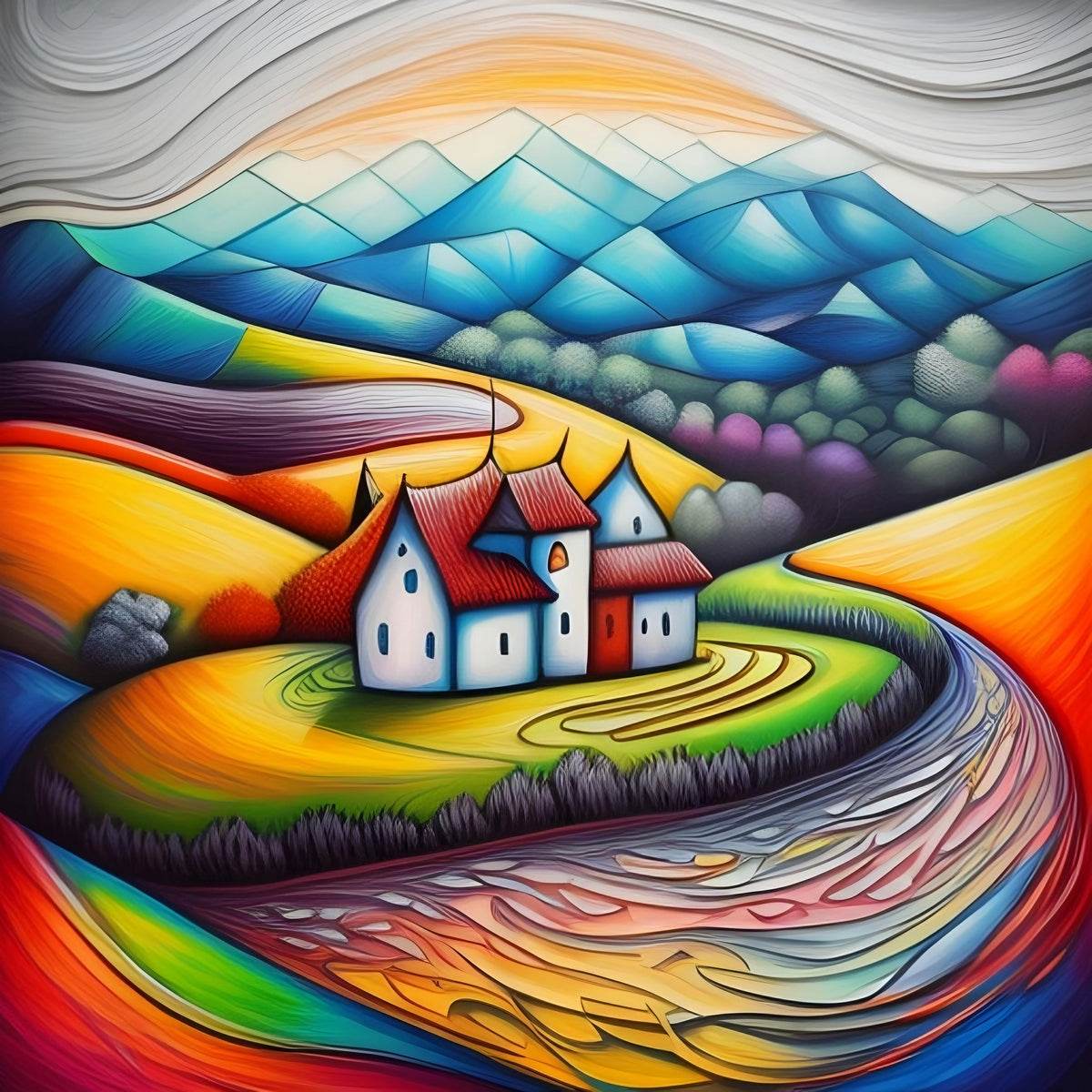 Art 452 - Op-Art-Surrealism-Village-Hypnotic-Colorful - Esmonbijouart 