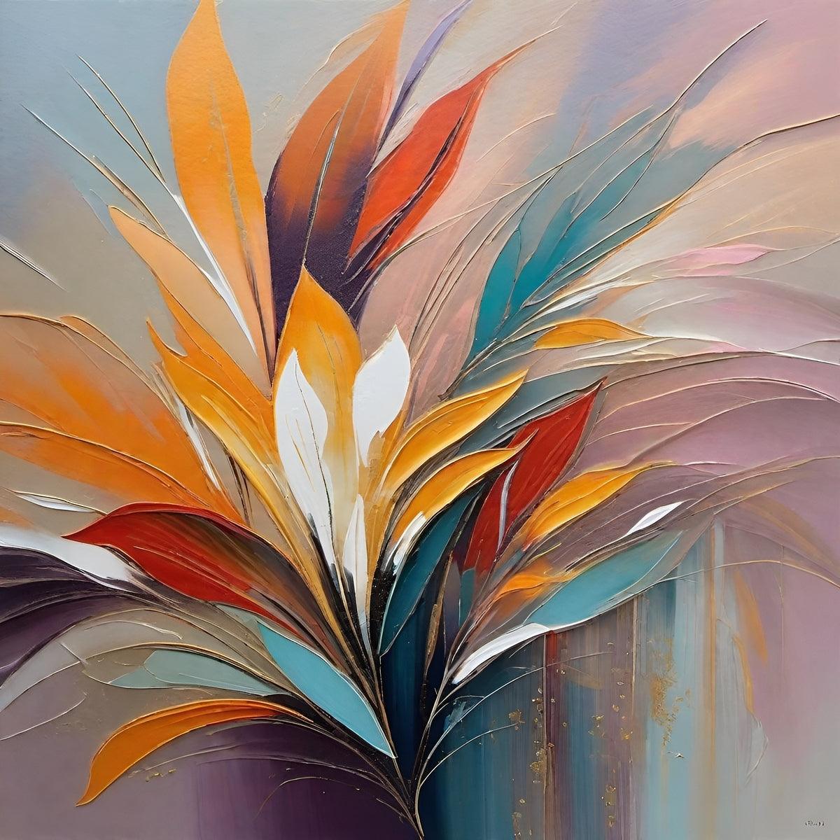 Abstract floral canvas artwork featuring layered orange, cream, teal, and red feathers