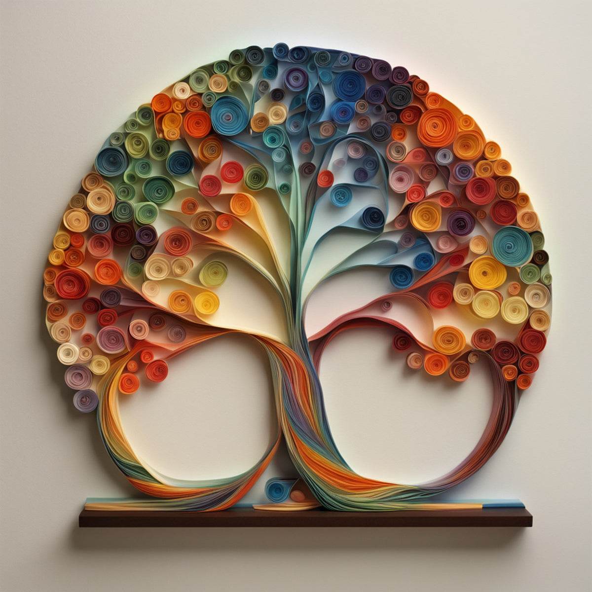 Colorful paper quilling tree artwork featuring coiled circles and looping paper curls