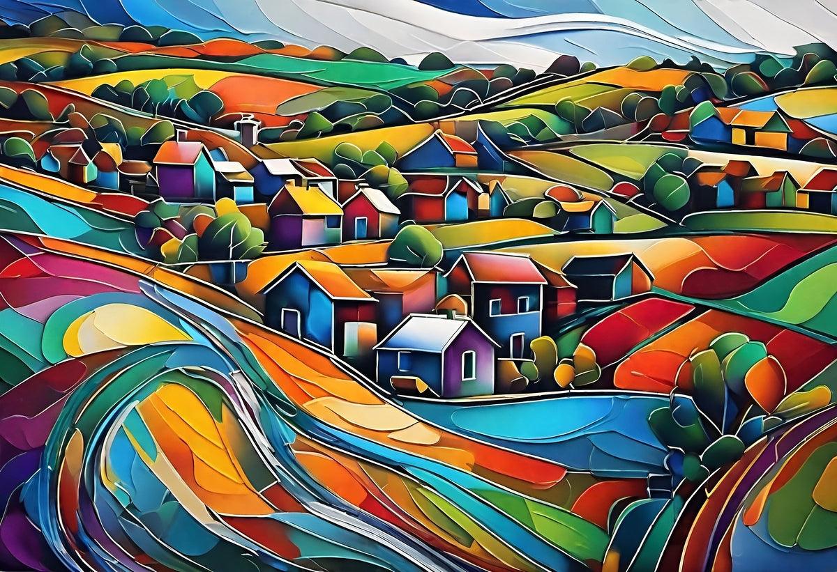 Abstract landscape wall art with colorful houses, hills, and swirling ribbon shapes