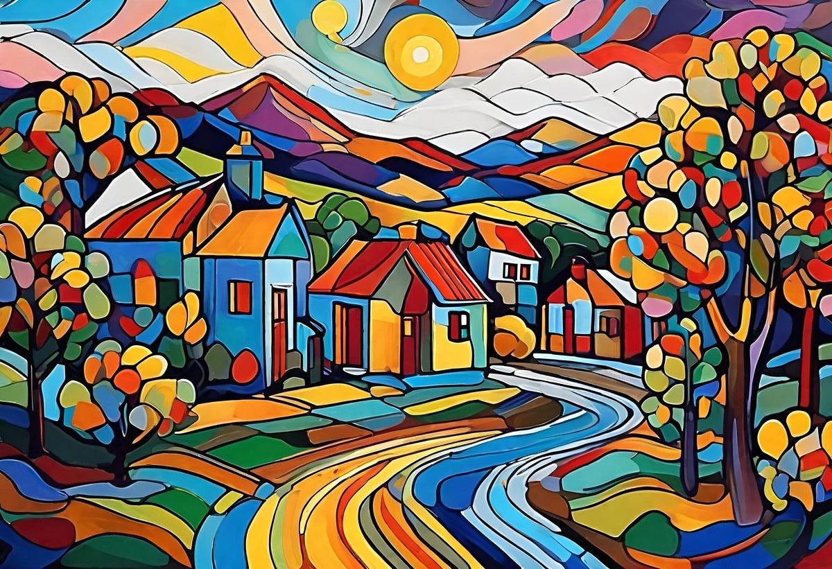 Close-up of vibrant village landscape showing colorful houses, trees, and winding road