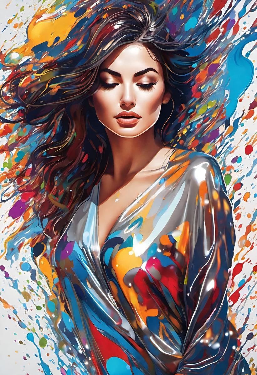 Jigsaw puzzle artwork portrait of a woman with flowing dark hair and multicolor splashes