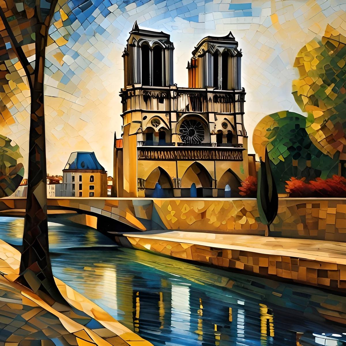 Architectural wall art print featuring gothic cathedral, trees, and reflective river mosaic