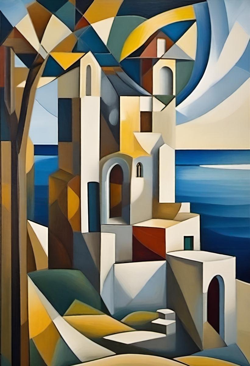 Cubist architectural wall art close-up with white arches, yellow accents, and blue sea