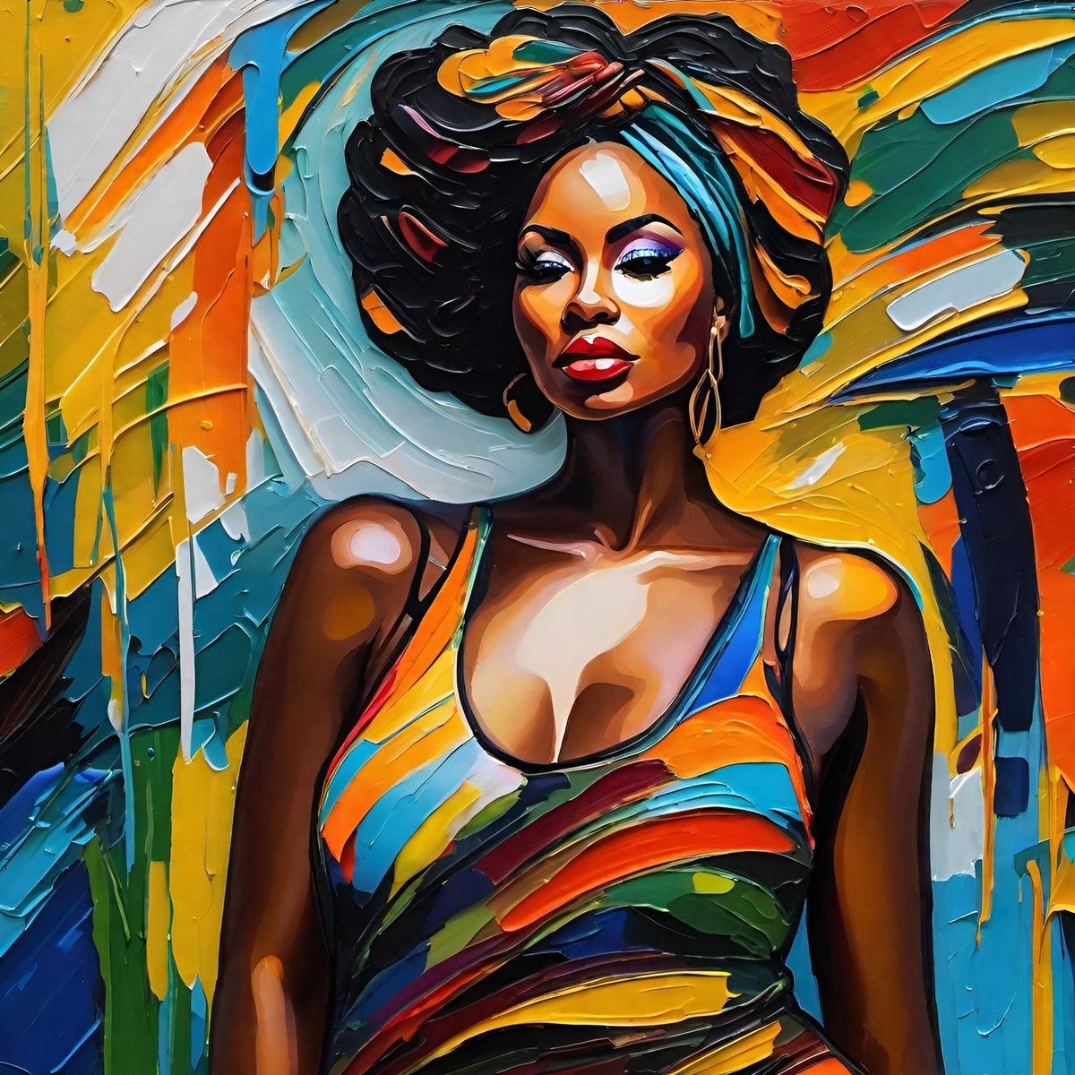 Close-up abstract portrait artwork of a stylized woman with black hair and bright painted background.