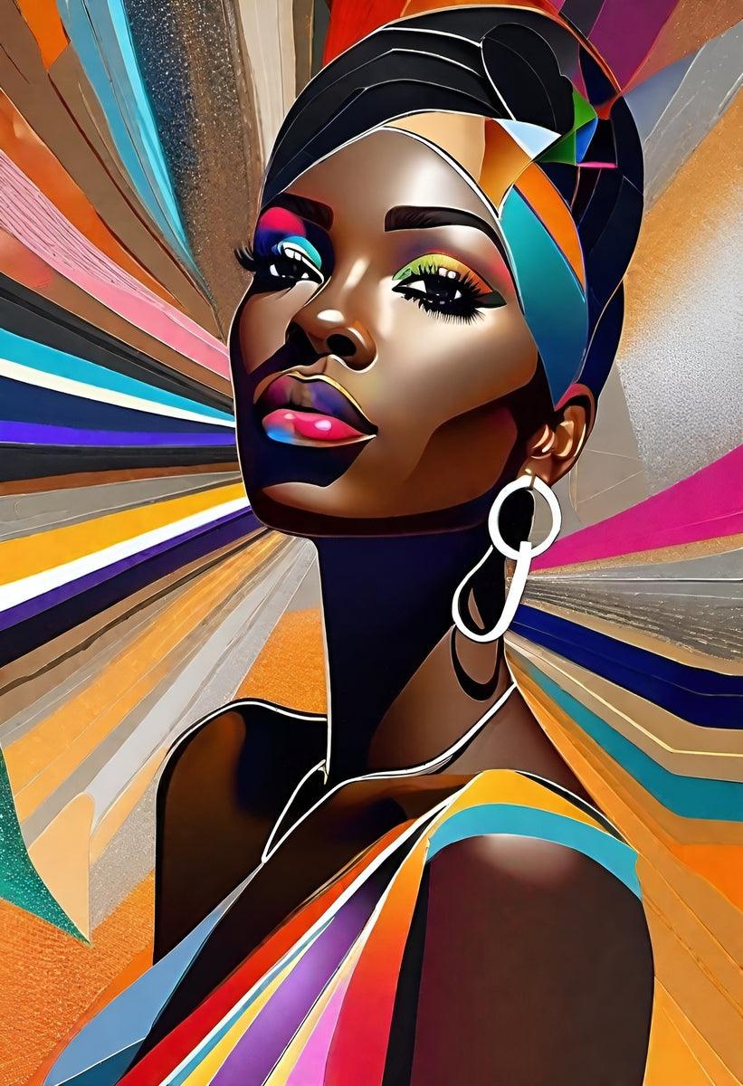 Close-up geometric portrait of a stylized woman’s face with colorful abstract rays