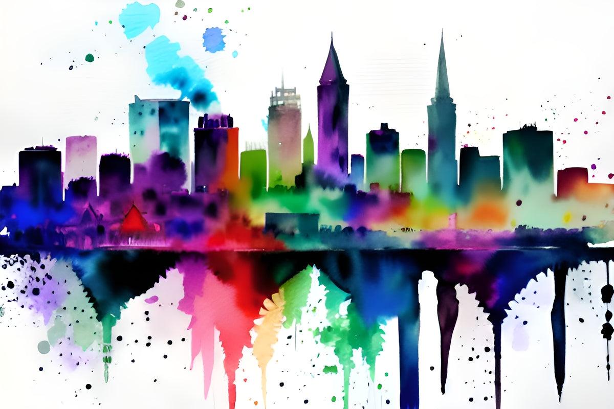 Colorful watercolor skyline with dripping reflection and abstract paint splashes, wall art