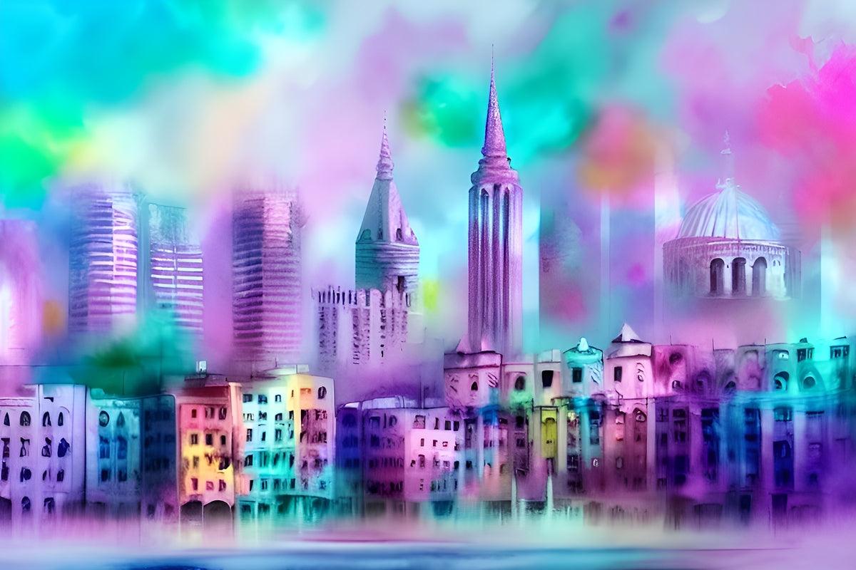 Pastel city skyline print featuring purple towers and a domed rooftop