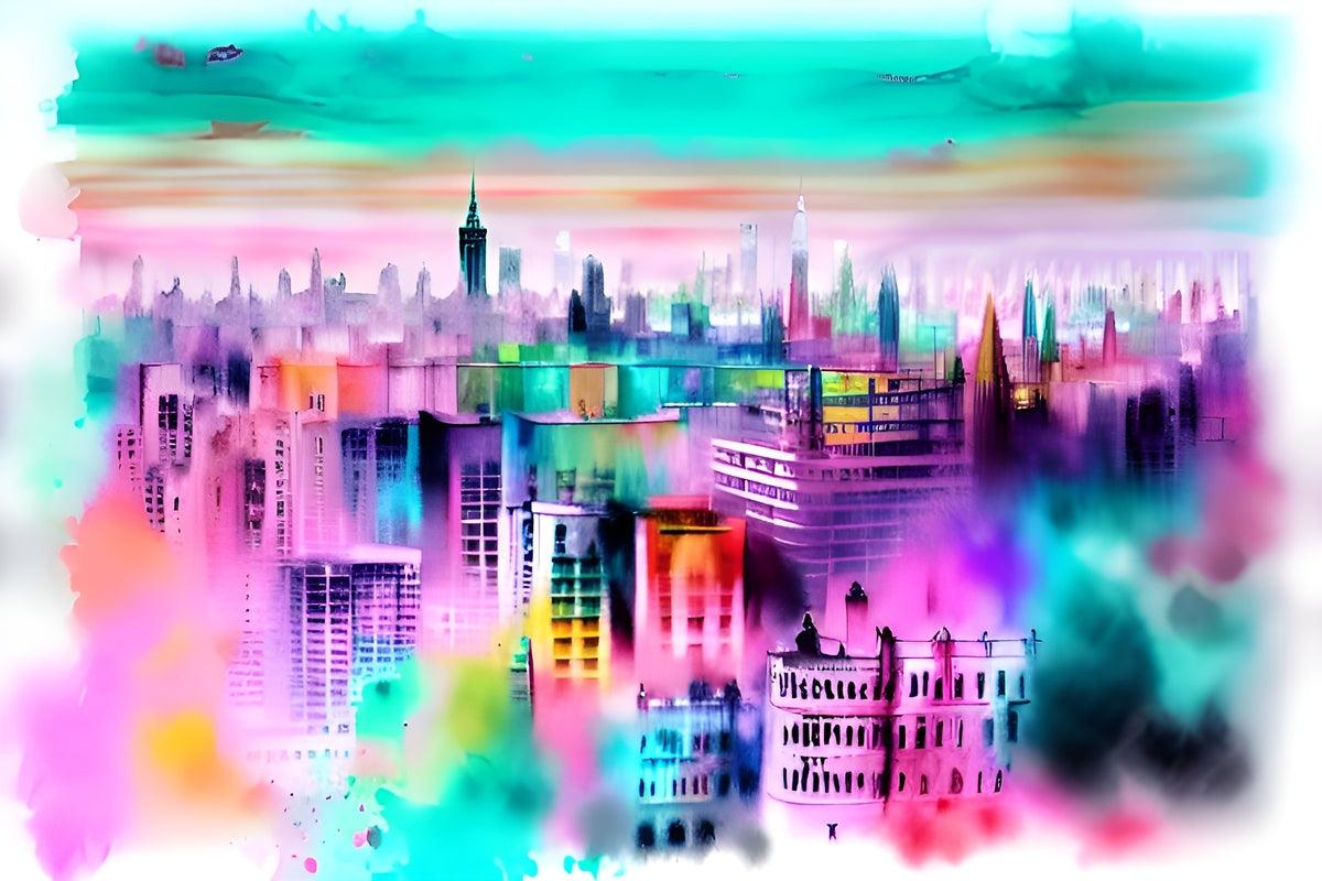 Abstract watercolor skyline cityscape wall art print with neon buildings and lights