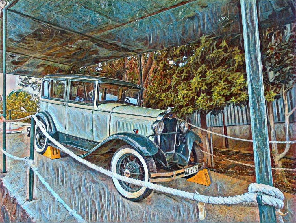 Close-up of vintage blue car artwork with rope canopy and roadside trees