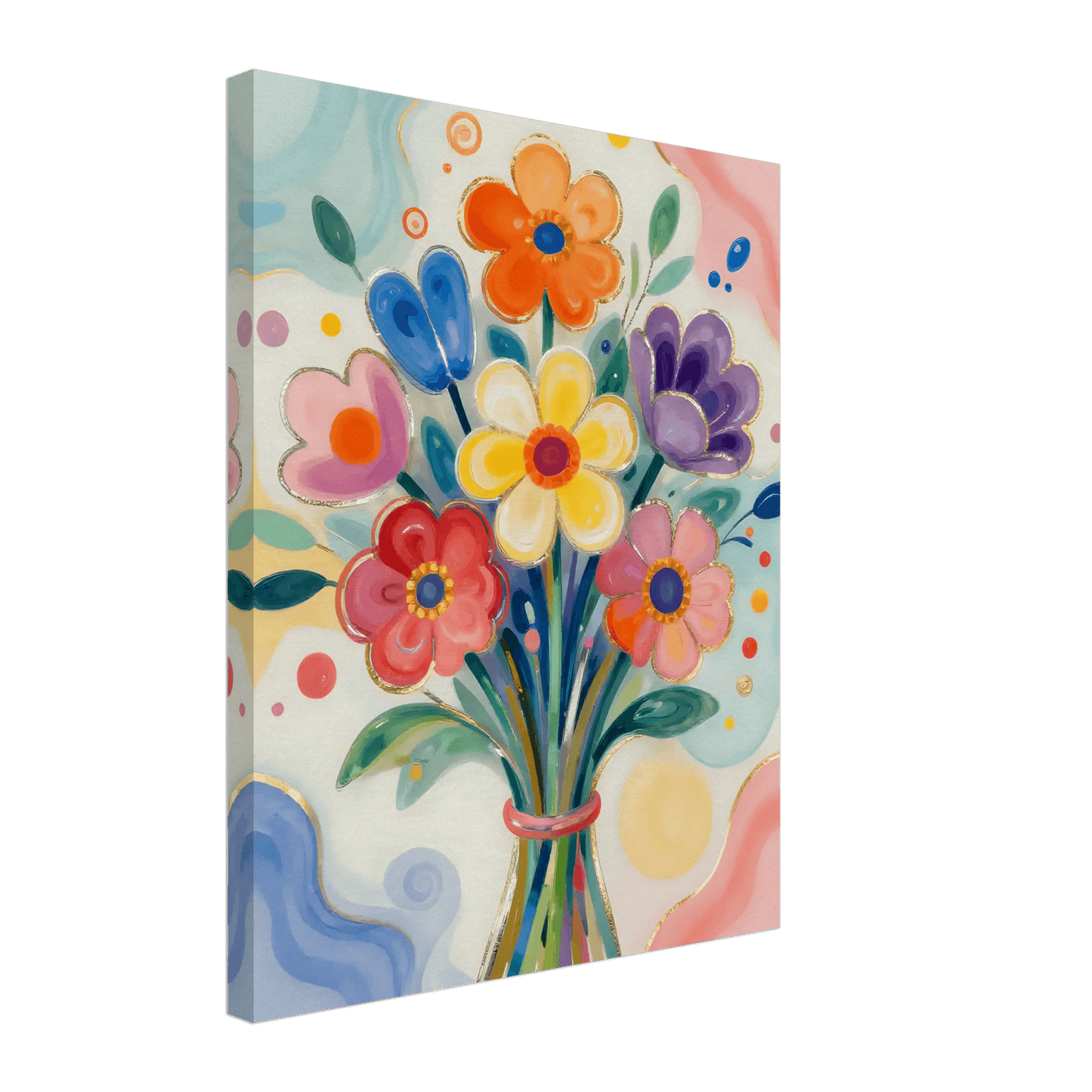Colorful floral bouquet canvas wall art with bright orange and yellow flowers among blue and purple