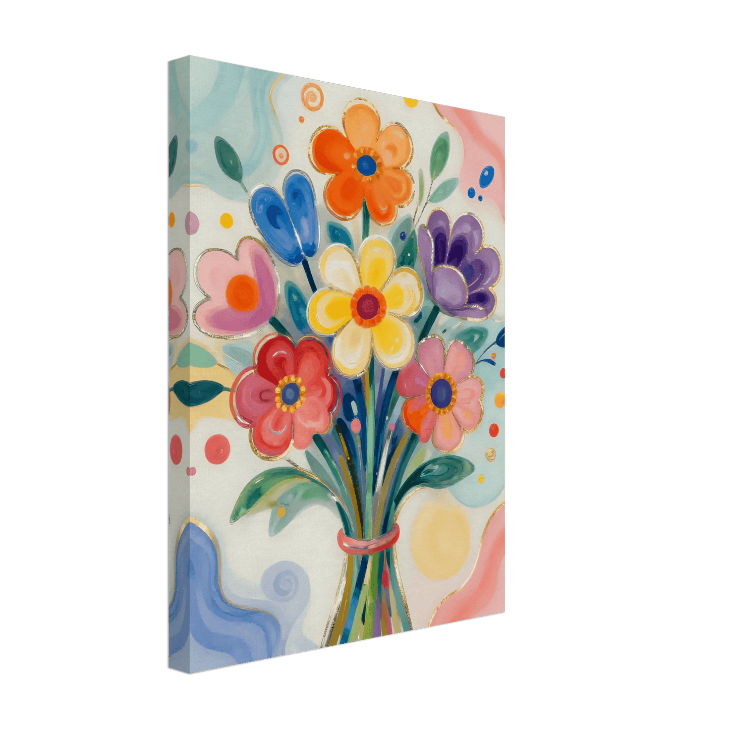 Colorful floral bouquet canvas wall art in rectangular frame with blue, orange, and purple flowers