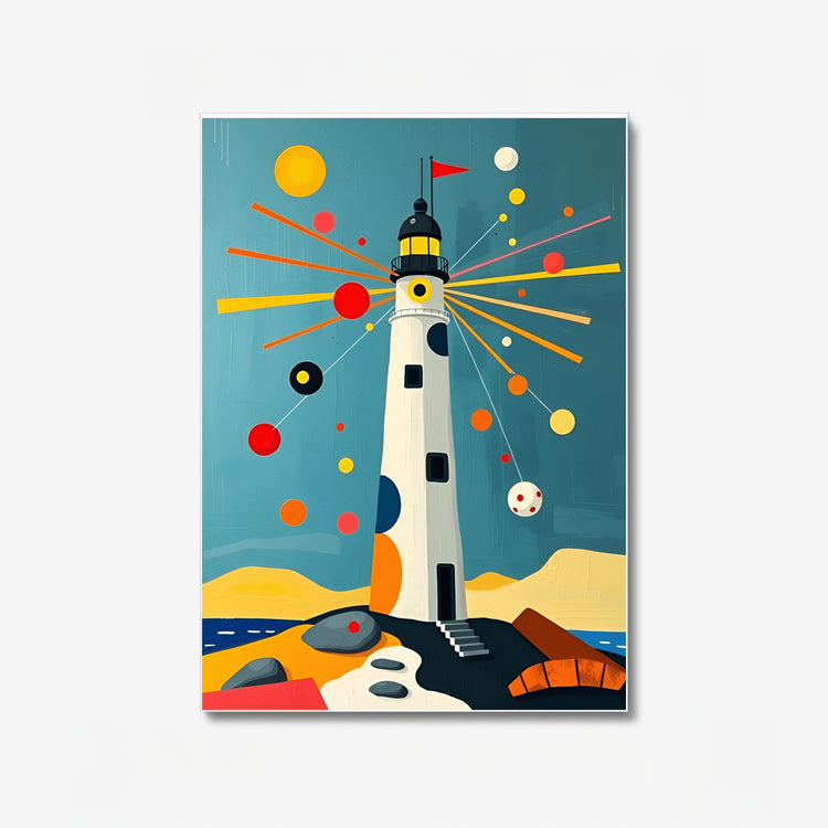 Geometric lighthouse art postcard, teal scene with starburst lines and floating dots