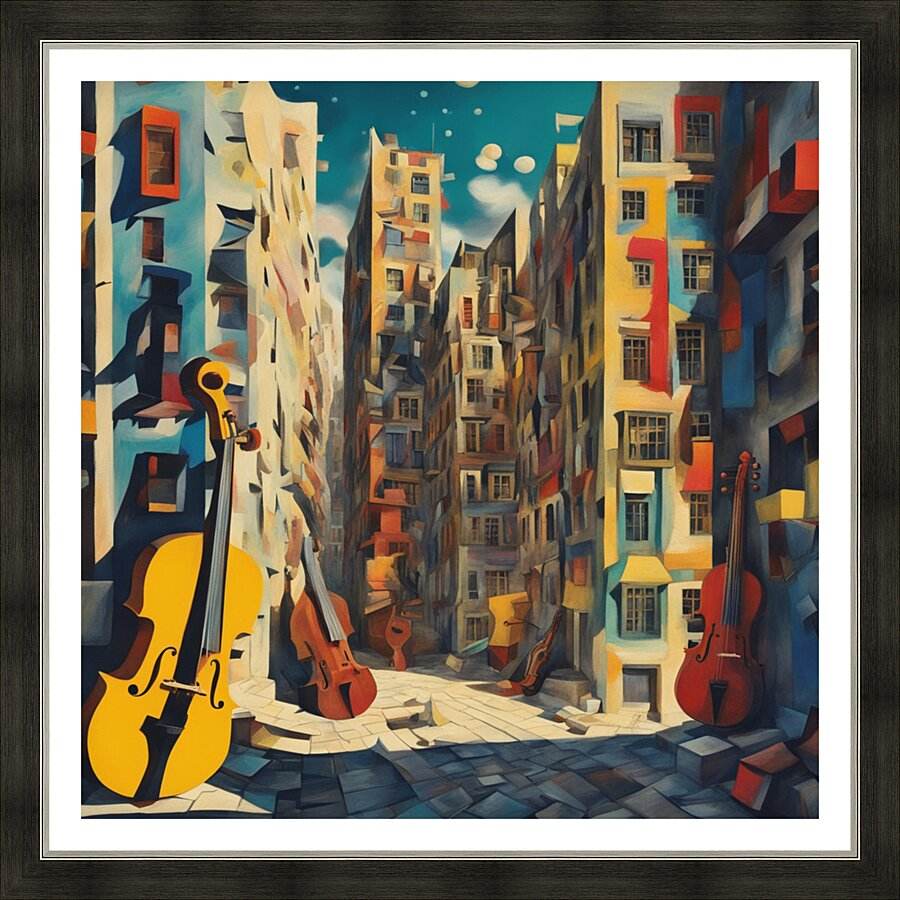 Framed musical cityscape print with yellow bass, red cellos, and colorful apartment towers