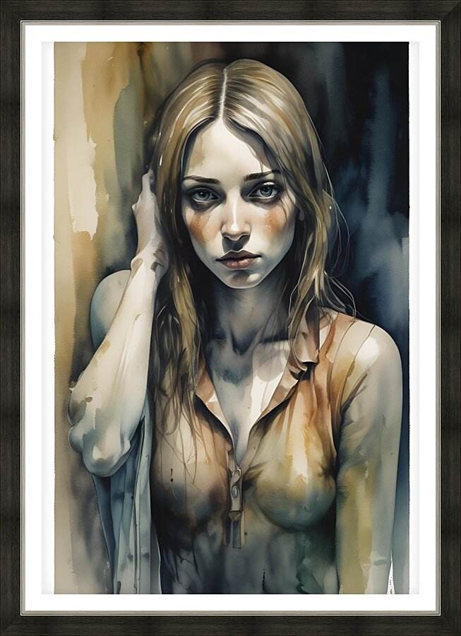 Framed watercolor portrait of a blonde woman with hand at head, blue-gray and beige