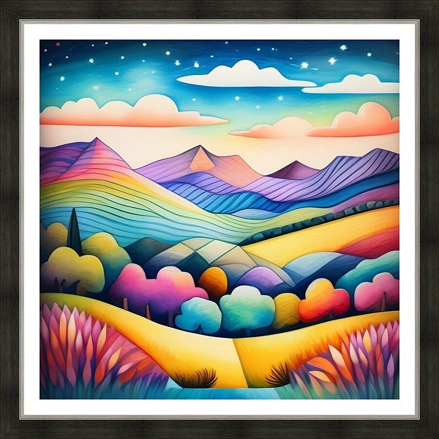 Framed surreal rainbow landscape wall art with rainbow mountains, clouds, and starry sky