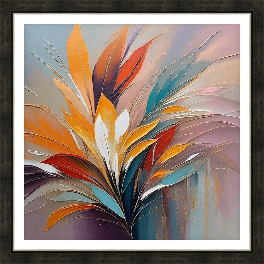 Large framed abstract botanical wall art with orange and teal feather-like leaves