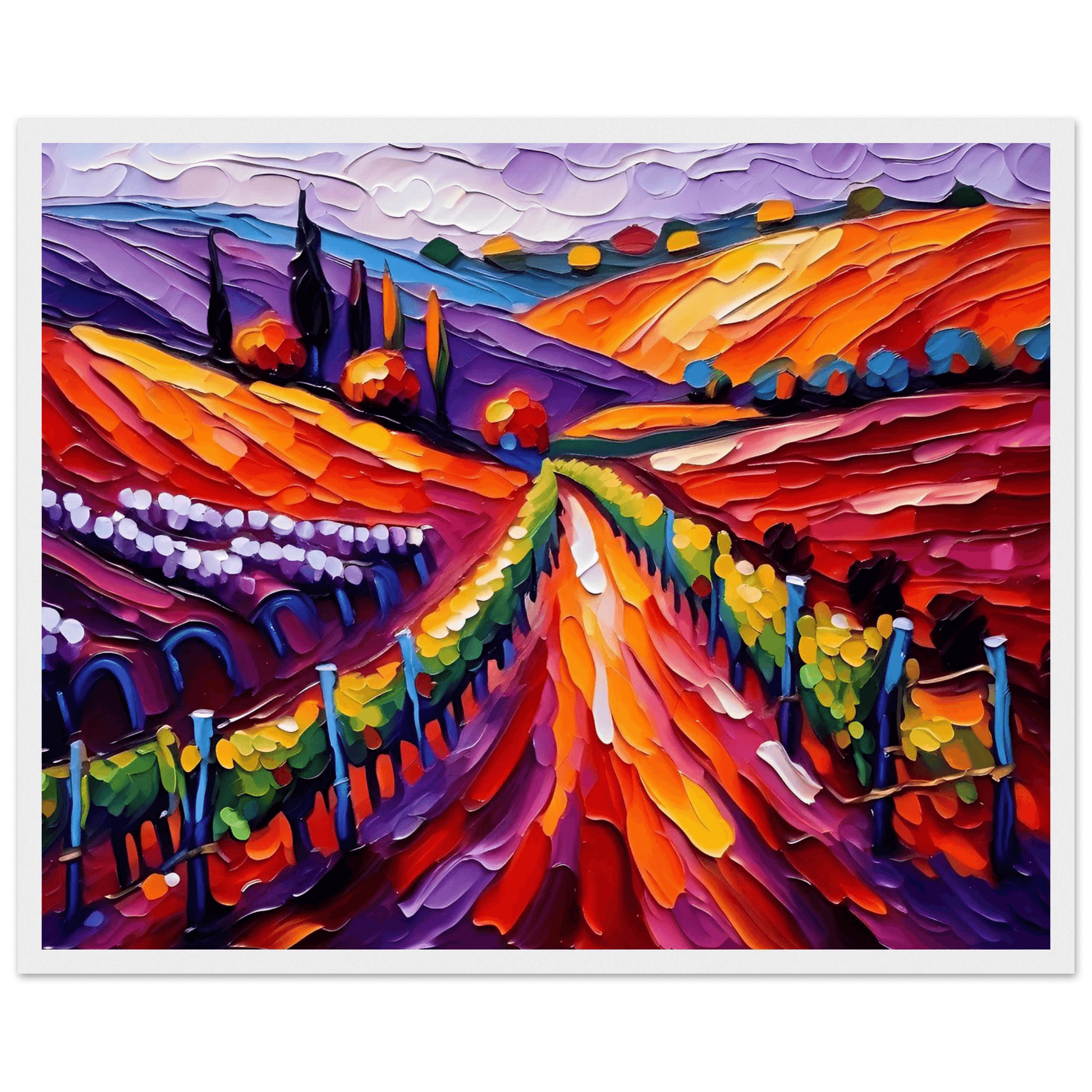 Abstract vineyard landscape canvas print with white border and multicolor rolling hills