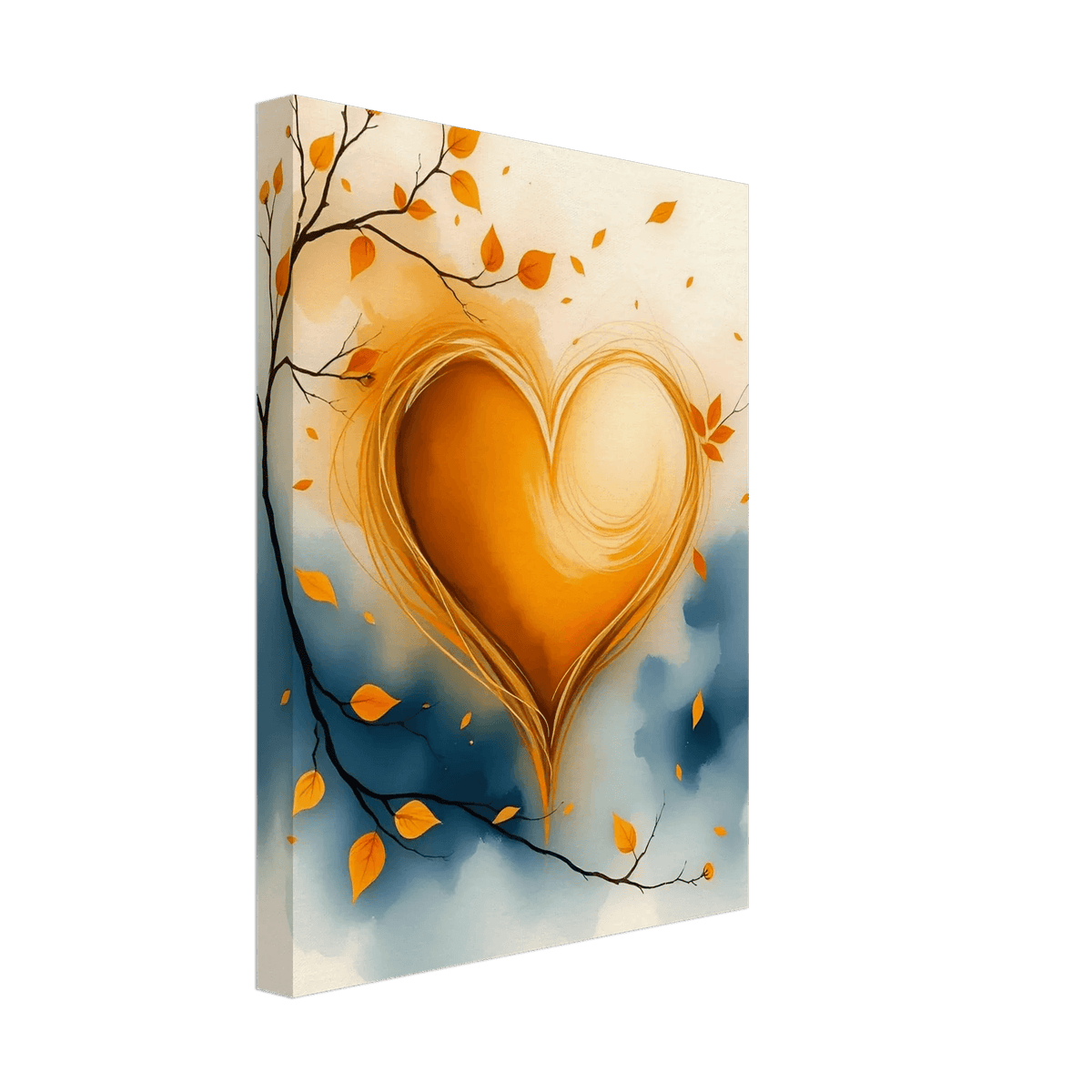 Canvas gallery wrap watercolor art showing a glowing orange heart with winding branch and falling leaves.