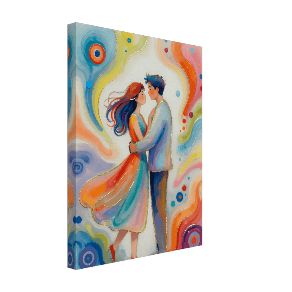 Canvas print of romantic couple holding hands in multicolor swirl design
