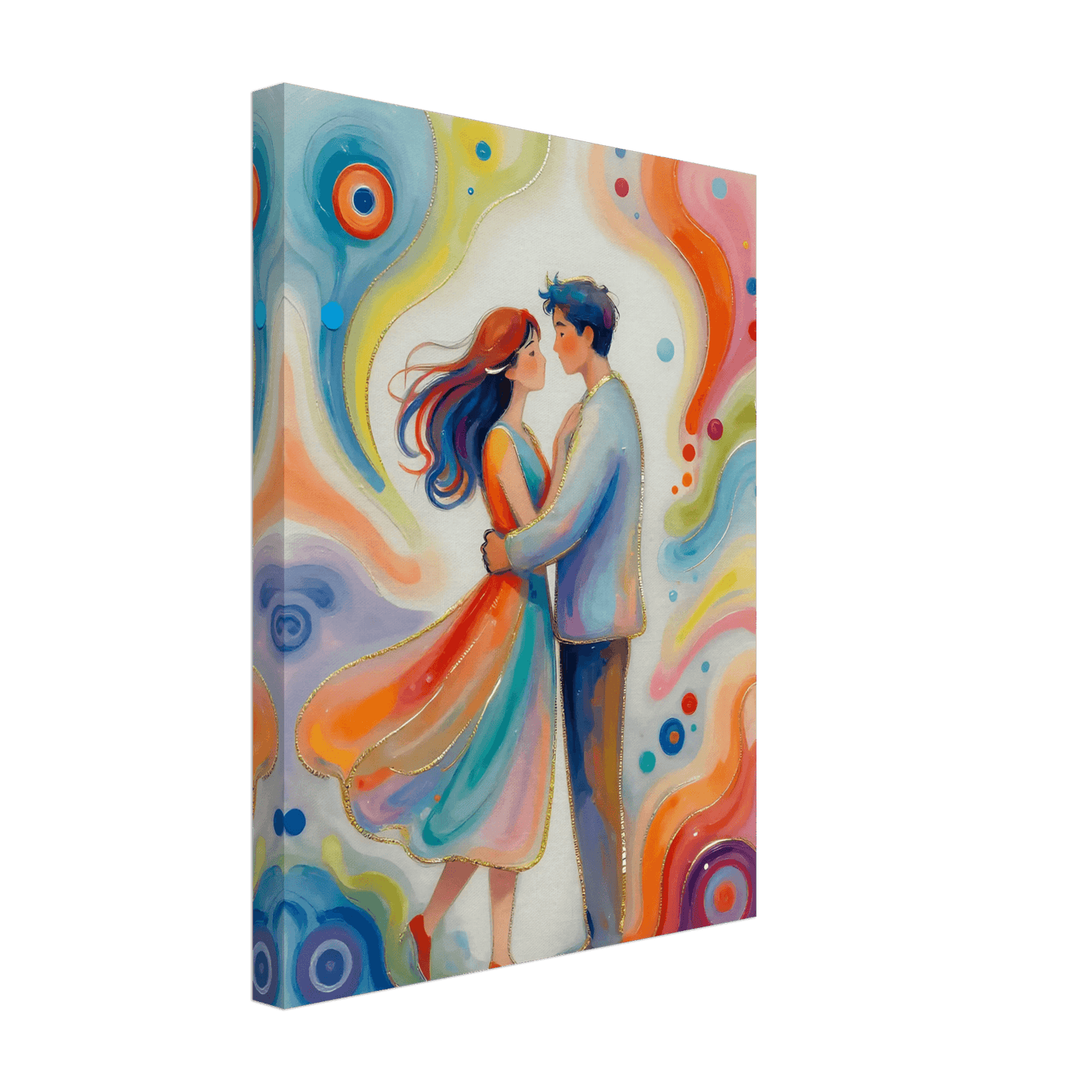 Canvas print of romantic couple holding hands in multicolor swirl design