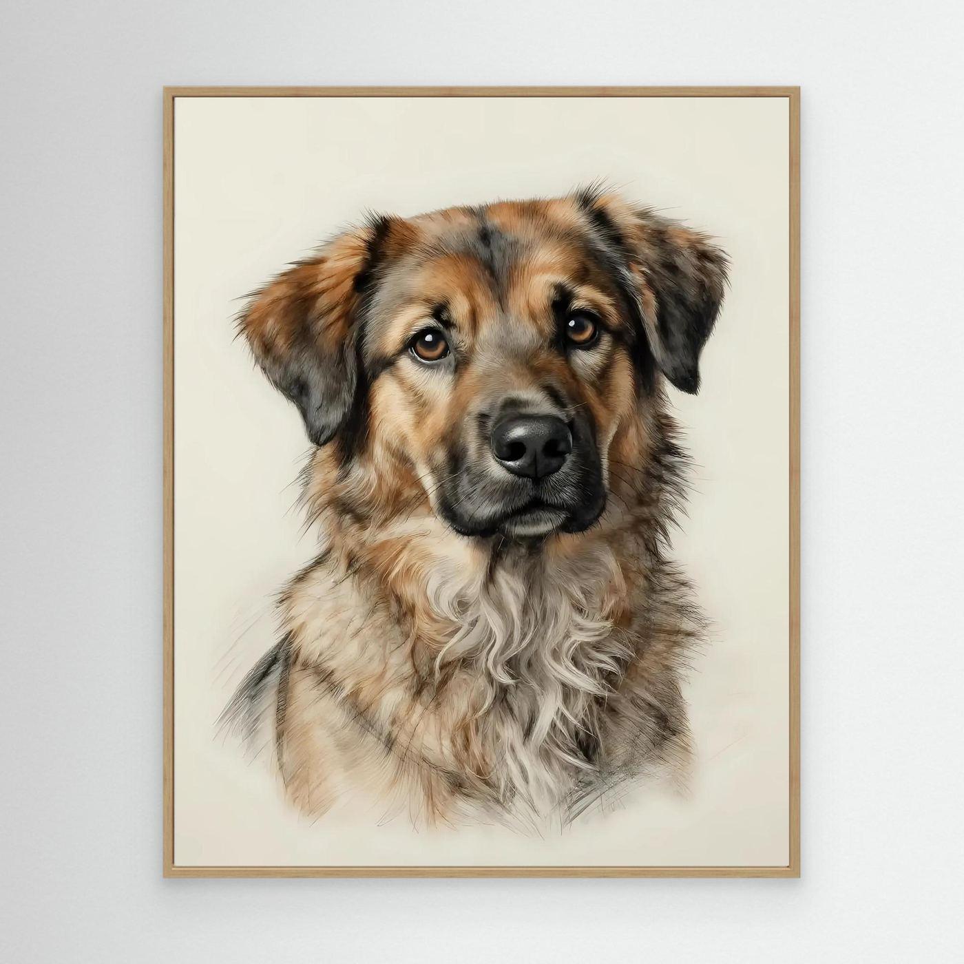 Framed dog portrait print with fluffy tan-and-gray dog face, oak frame.